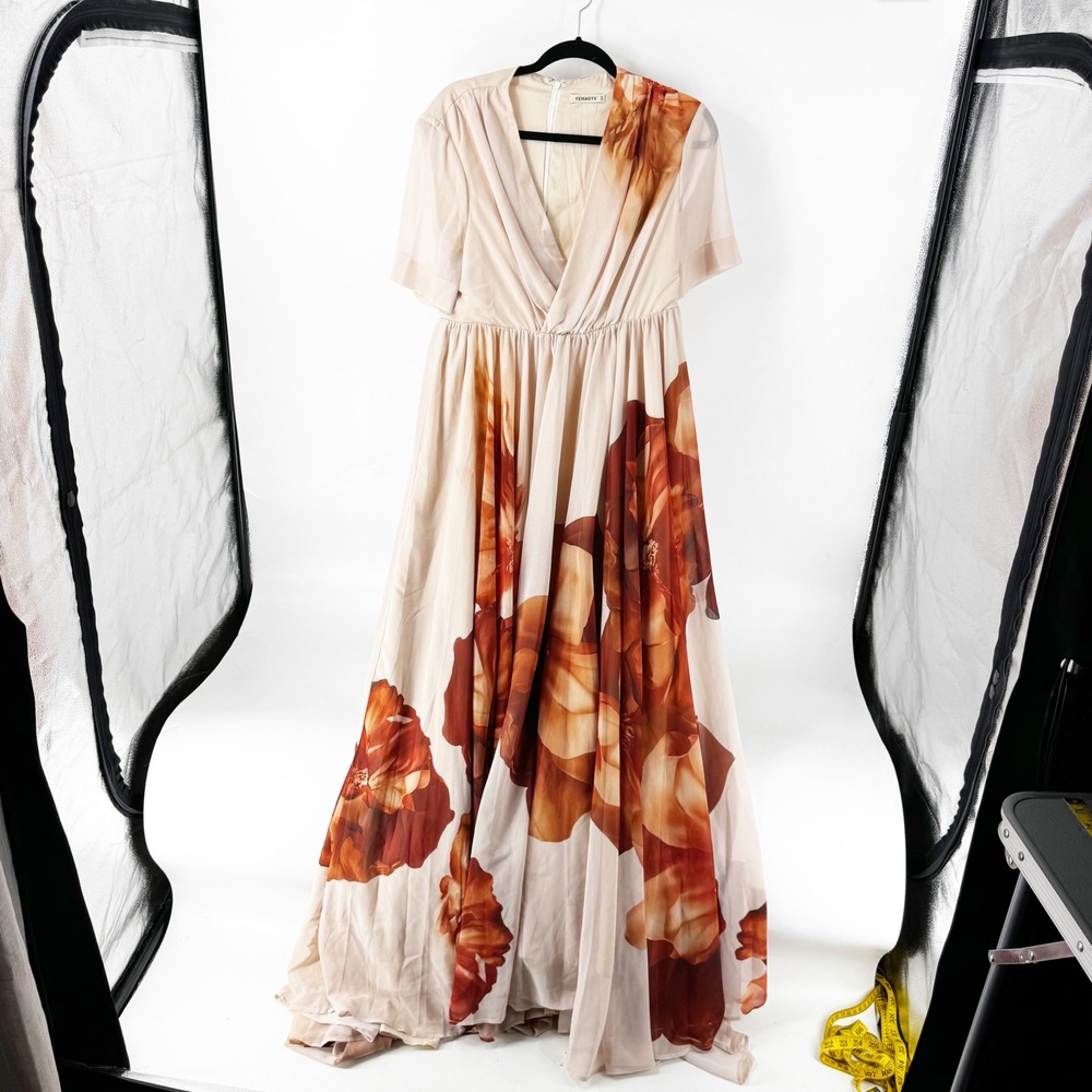 Fehaute Floral Maxi Dress Cream Rust Orange V-Neck Short Sleeve Size 8